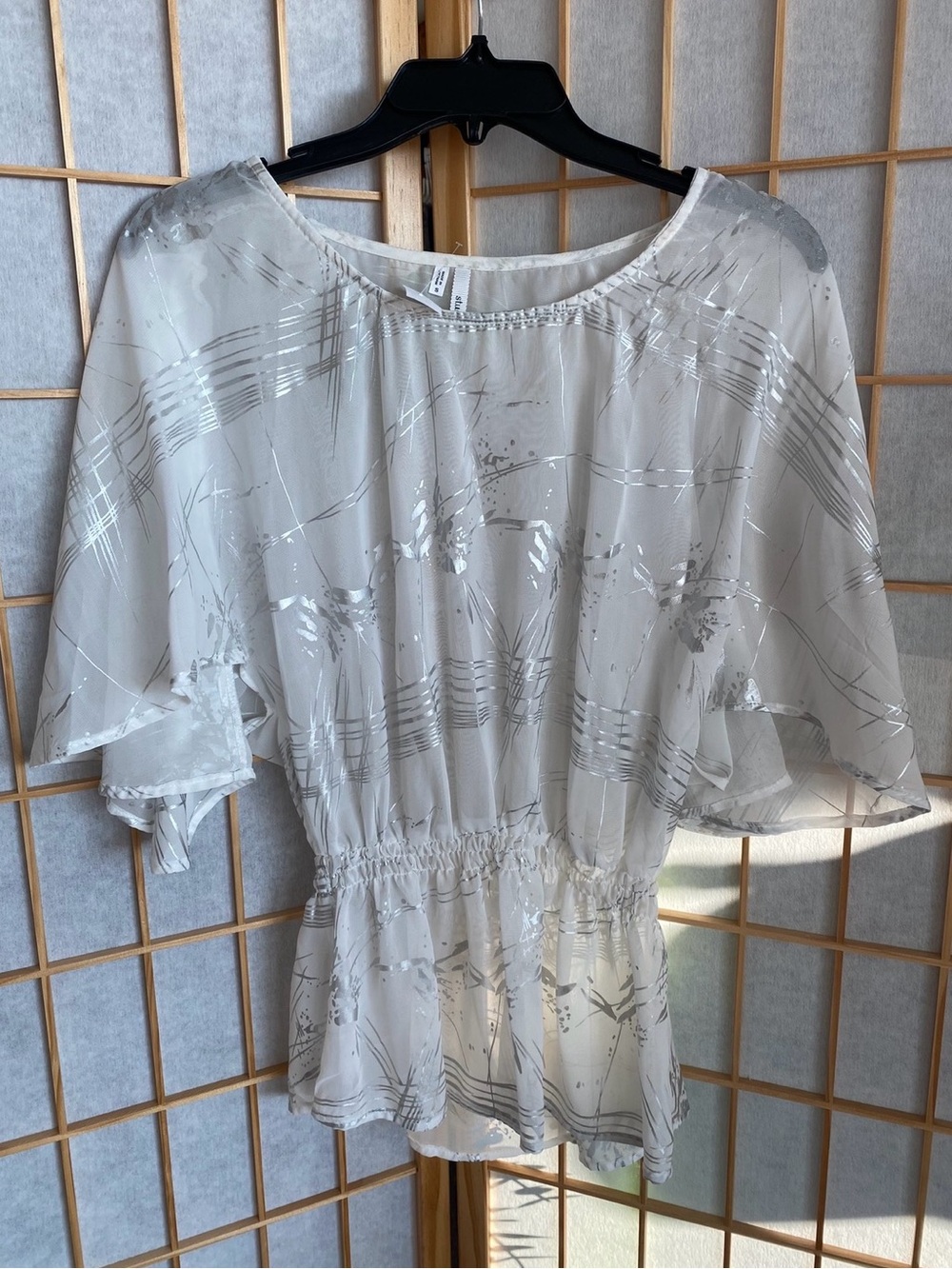 Studio Y White Sheer Blouse with Silver Metallic Detail